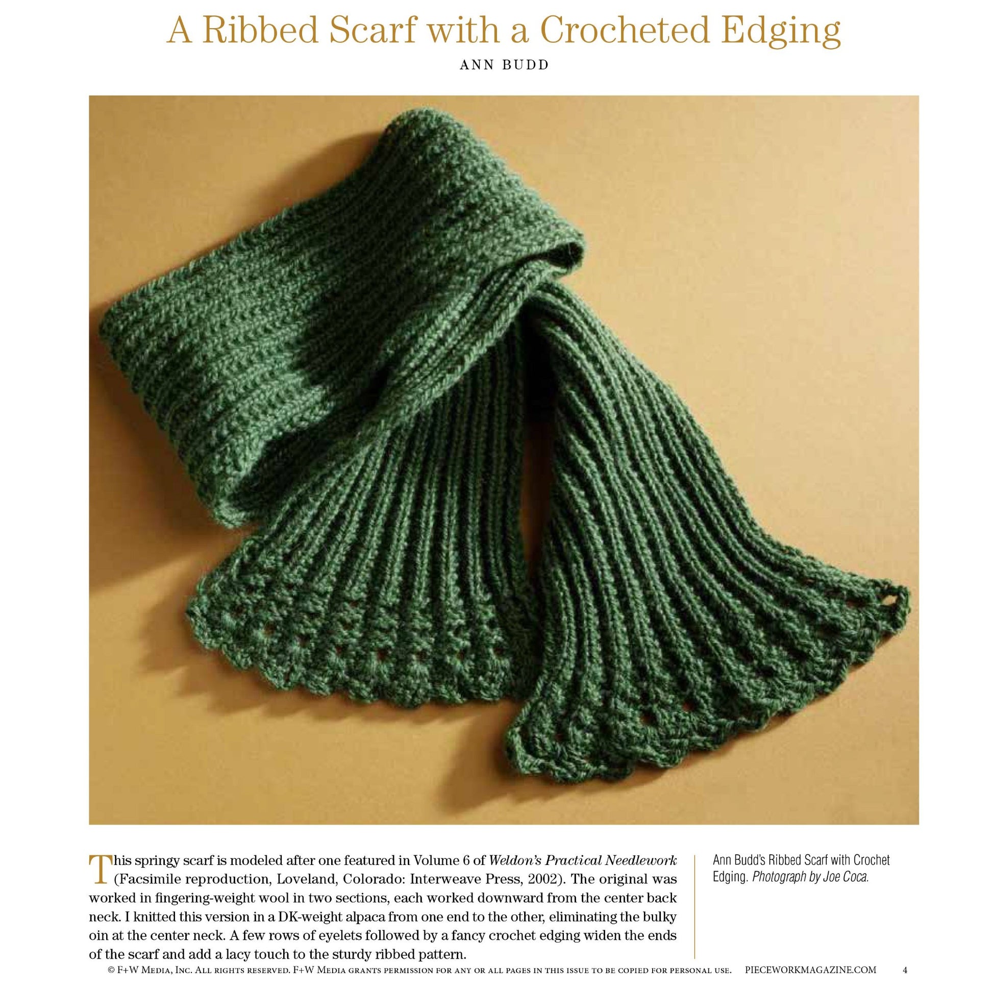 A green ribbed scarf with a crocheted edging is displayed against a neutral background. The scarf is folded in a way that shows its texture and detailed edging. The text at the top reads "Victorian Times: 8 Projects To Knit – eBook printed copy" by Long Thread Media.