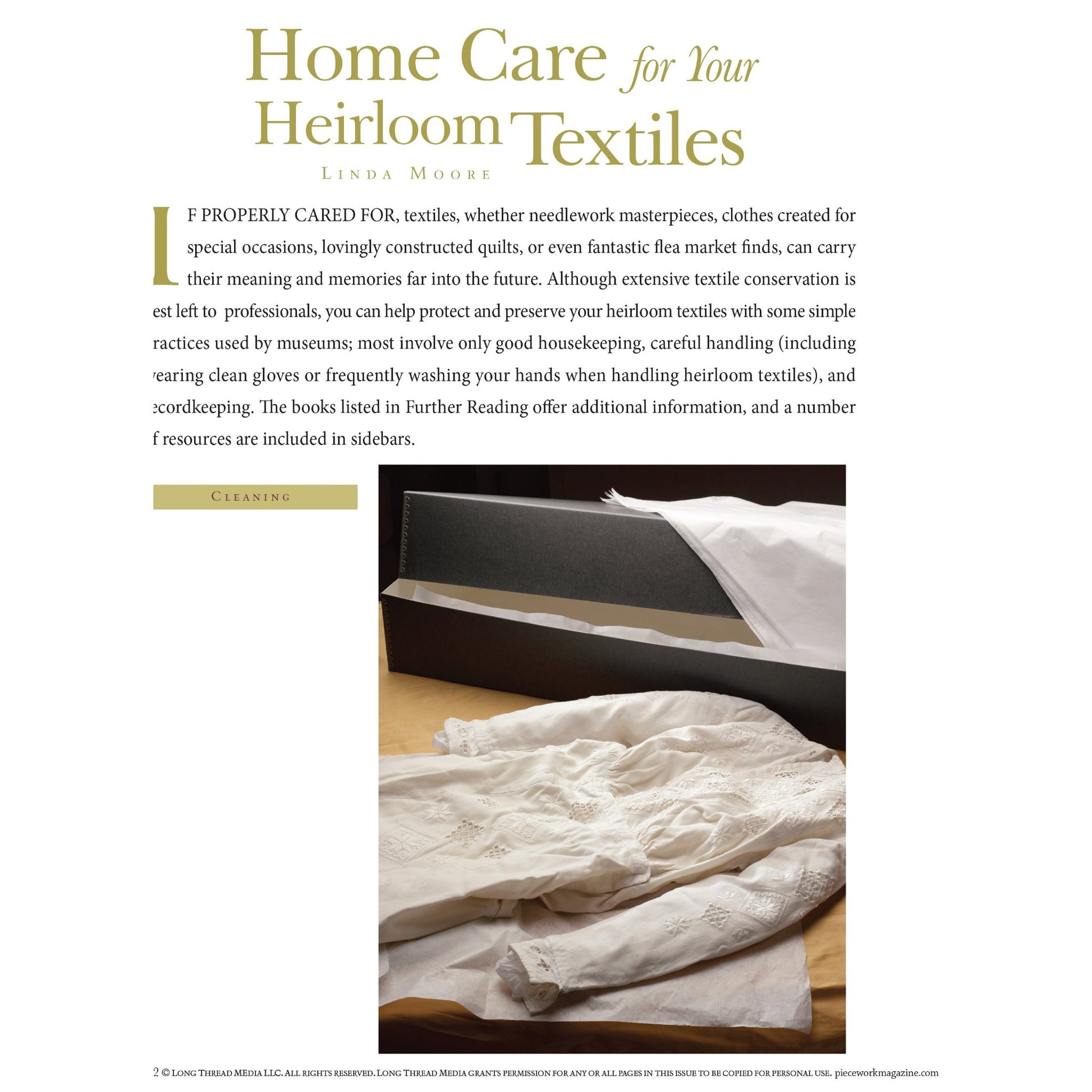 Image of the booklet cover titled "Home Care for Heirloom Textiles – eBook printed copy" by Long Thread Media. The cover features a person storing lace-edged linens in a black storage box. The text discusses caring for heirloom textiles and includes a section on cleaning, with further resources listed.