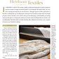 An article titled "Home Care for Heirloom Textiles" by Linda Moore, published by Long Thread Media, features text on preserving and cleaning heirloom fabrics. It includes advice on hand-sewing with clean gloves and gently vacuuming textiles. Accompanying the text is a small image of a hand sewing.