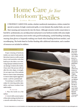 An article titled "Home Care for Heirloom Textiles" by Linda Moore, published by Long Thread Media, features text on preserving and cleaning heirloom fabrics. It includes advice on hand-sewing with clean gloves and gently vacuuming textiles. Accompanying the text is a small image of a hand sewing.