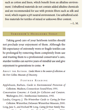 An excerpt from "Home Care for Heirloom Textiles – eBook printed copy" by Long Thread Media discusses care recommendations, emphasizing the use of unbuffered storage materials and highlights professional conservation advice for long-lasting preservation.