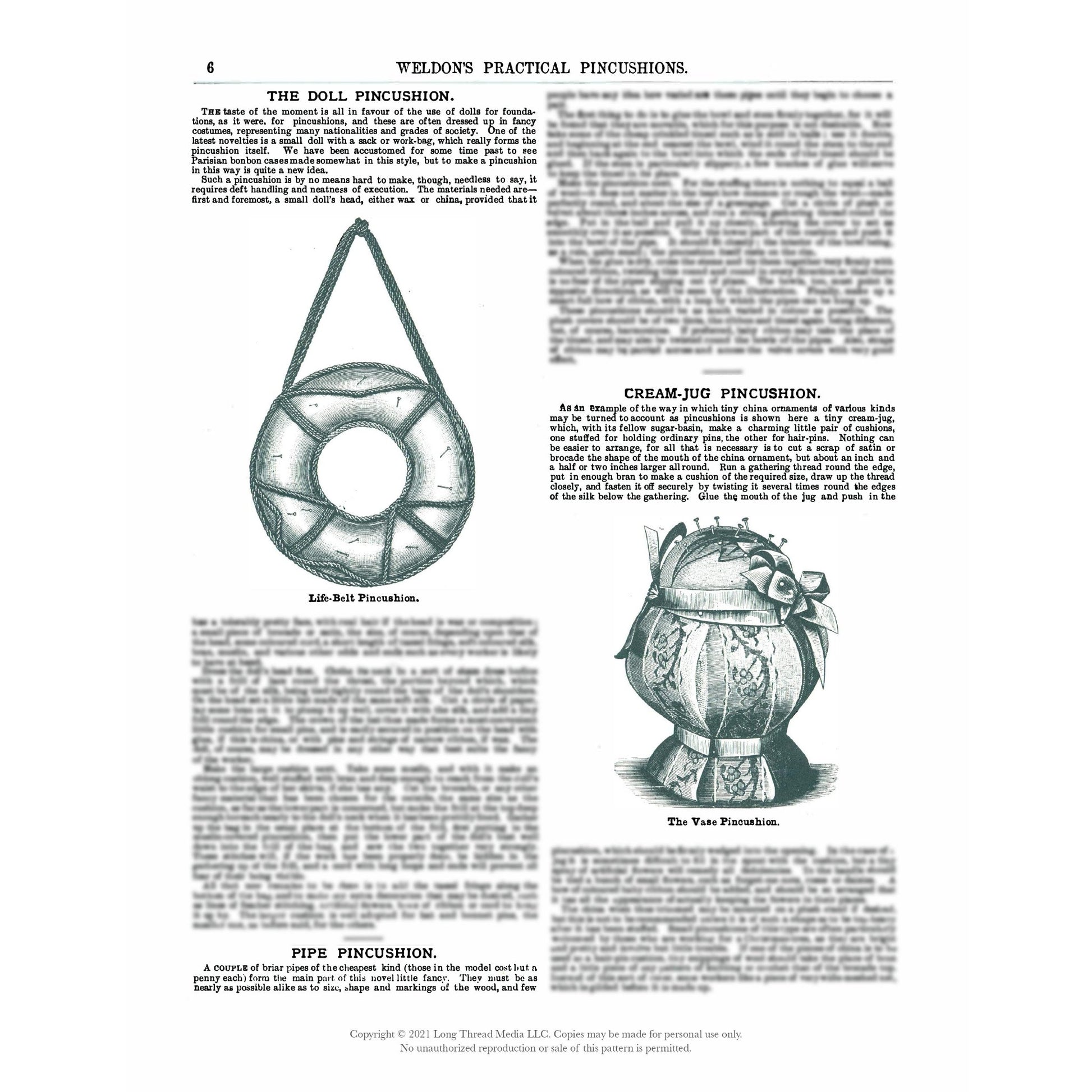 A page scanned from the eBook "Weldon's Practical Pincushions: How to Make Pincushions for Bazaars and Decorative Purposes" by Long Thread Media, showcasing illustrations and descriptions of three different pincushion designs: a life-belts pincushion, a cream-jug pincushion, and a pipe pincushion. The text provides detailed information on the materials needed and methods used to create each design.