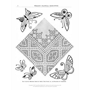 A vintage illustration from the eBook printed copy of "Weldon's Practical Cross-Stitch, Crewel Work, Smocking and Appliqué Work" by Long Thread Media features a black-and-white cross-stitch pattern with floral motifs in the center. Surrounding the pattern are various butterfly designs, each unique in its detailing and style.