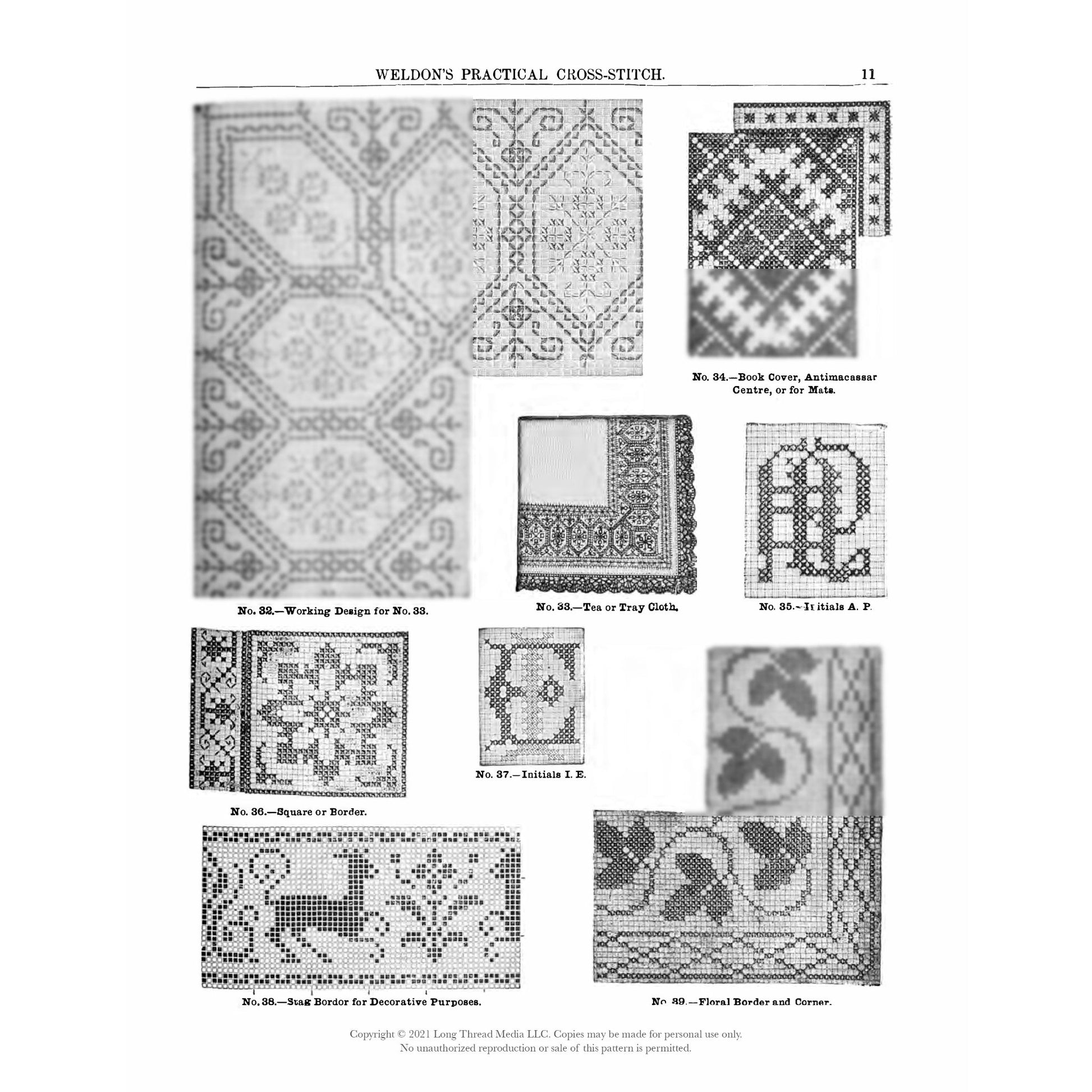 A black and white page from Long Thread Media's "Weldon's Practical Cross-Stitch, Crewel Work, Smocking and Appliqué Work – eBook printed copy" featuring ten different cross-stitch patterns, each labeled with a number and a description. Patterns include intricate geometric designs, floral motifs, and borders.