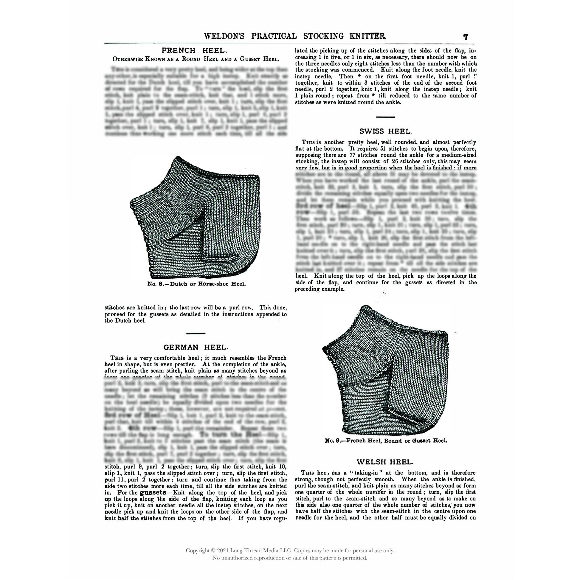 A page from the eBook printed copy "Weldon's Practical Stocking Knitter, First & Second Series" by Long Thread Media features details about French, Swiss, German, and Welsh heels for stockings. Diagrams of stocking heels accompany descriptive text, explaining the construction and stitching techniques for each type.