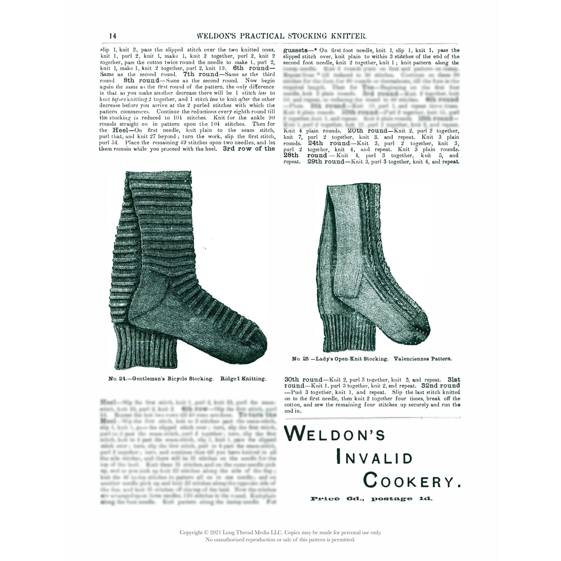 An excerpt from "Weldon's Practical Stocking Knitter, First & Second Series" by Long Thread Media shows a page featuring two intricately patterned knitted socks. The left sock, labeled "Gentleman's Bicycle Stocking," boasts ridged knitting, while the right sock is identified as the "Lady's Open-Knit Stocking" with a lace-like design. Text surrounds these detailed illustrations.