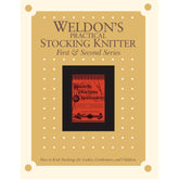 A beige book cover for "Weldon's Practical Stocking Knitter, First & Second Series – eBook printed copy" by Long Thread Media. It features a centered image of an old red book cover titled "Weldon's Practical Needlework." Text at the bottom reads, "How to Knit Stockings for Ladies, Gentleman, and Children.