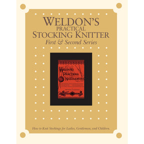 A beige book cover for "Weldon's Practical Stocking Knitter, First & Second Series – eBook printed copy" by Long Thread Media. It features a centered image of an old red book cover titled "Weldon's Practical Needlework." Text at the bottom reads, "How to Knit Stockings for Ladies, Gentleman, and Children.