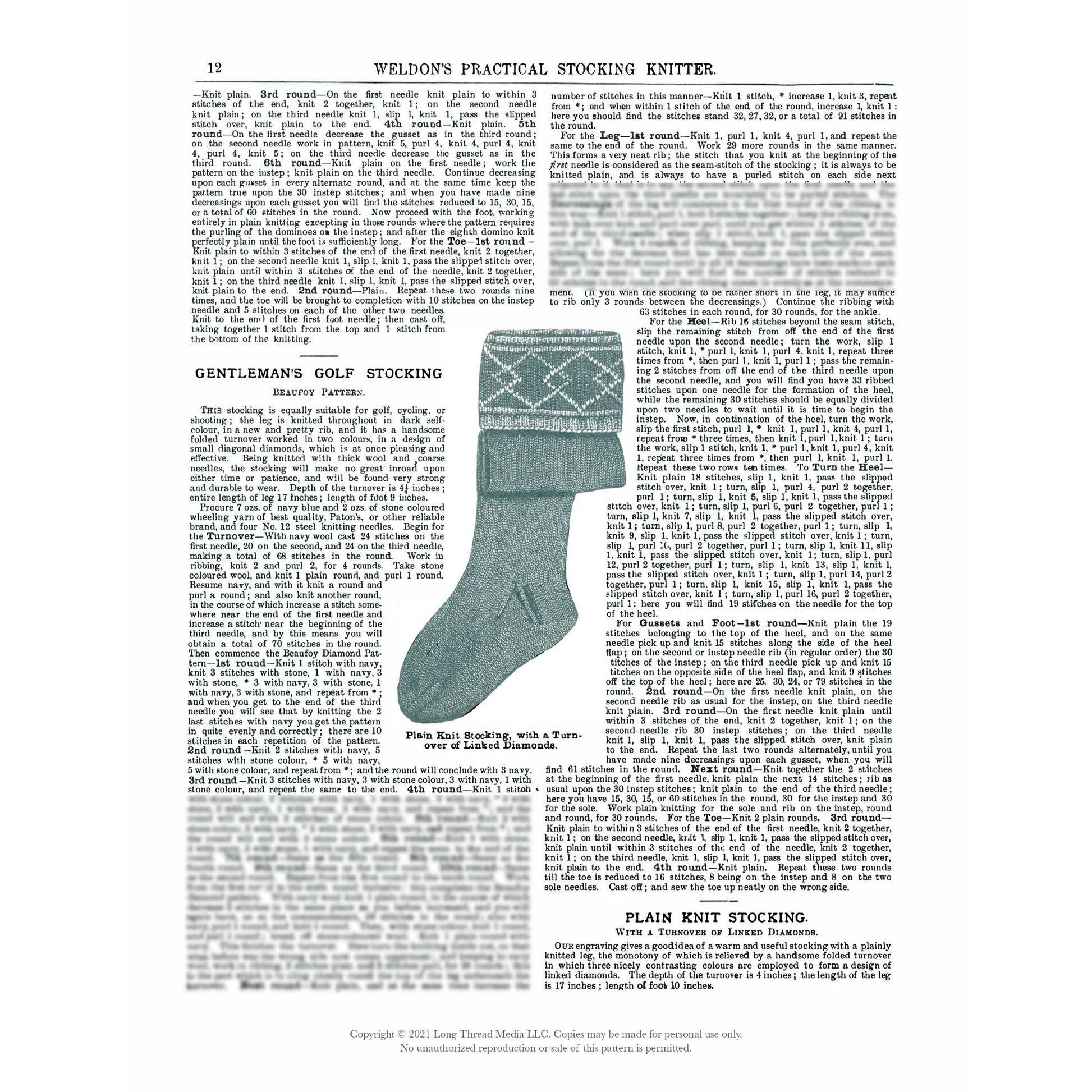 A vintage page from the "Weldon's Practical Stocking Knitter Third & Fourth Series – eBook printed copy" by Long Thread Media features detailed knitting instructions and a black-and-white illustration of a gentleman's golf stocking with a diamond pattern below the cuff. Text columns surround the image of the sock.