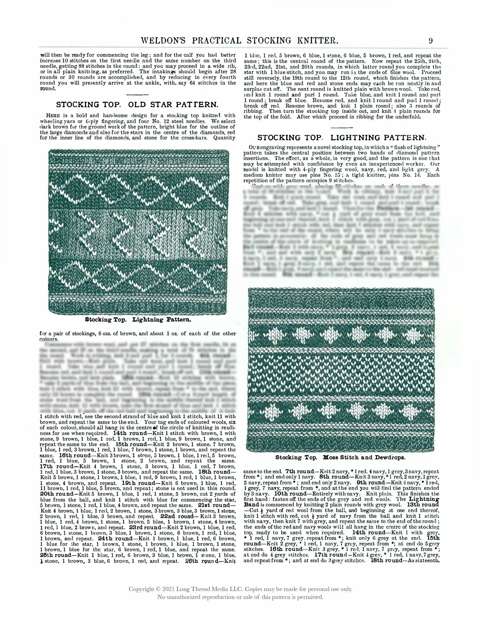 The image is a scanned page from a vintage knitting book titled "Weldon's Practical Stocking Knitter Third & Fourth Series – eBook printed copy" by Long Thread Media. It features detailed written instructions and two green knitted swatches showcasing patterns: one with star designs and another with zigzag designs.