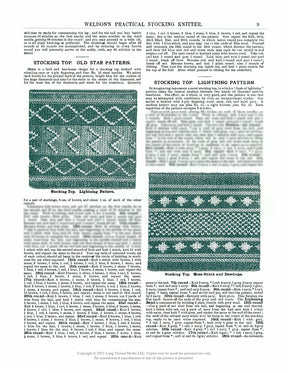 The image is a scanned page from a vintage knitting book titled "Weldon's Practical Stocking Knitter Third & Fourth Series – eBook printed copy" by Long Thread Media. It features detailed written instructions and two green knitted swatches showcasing patterns: one with star designs and another with zigzag designs.