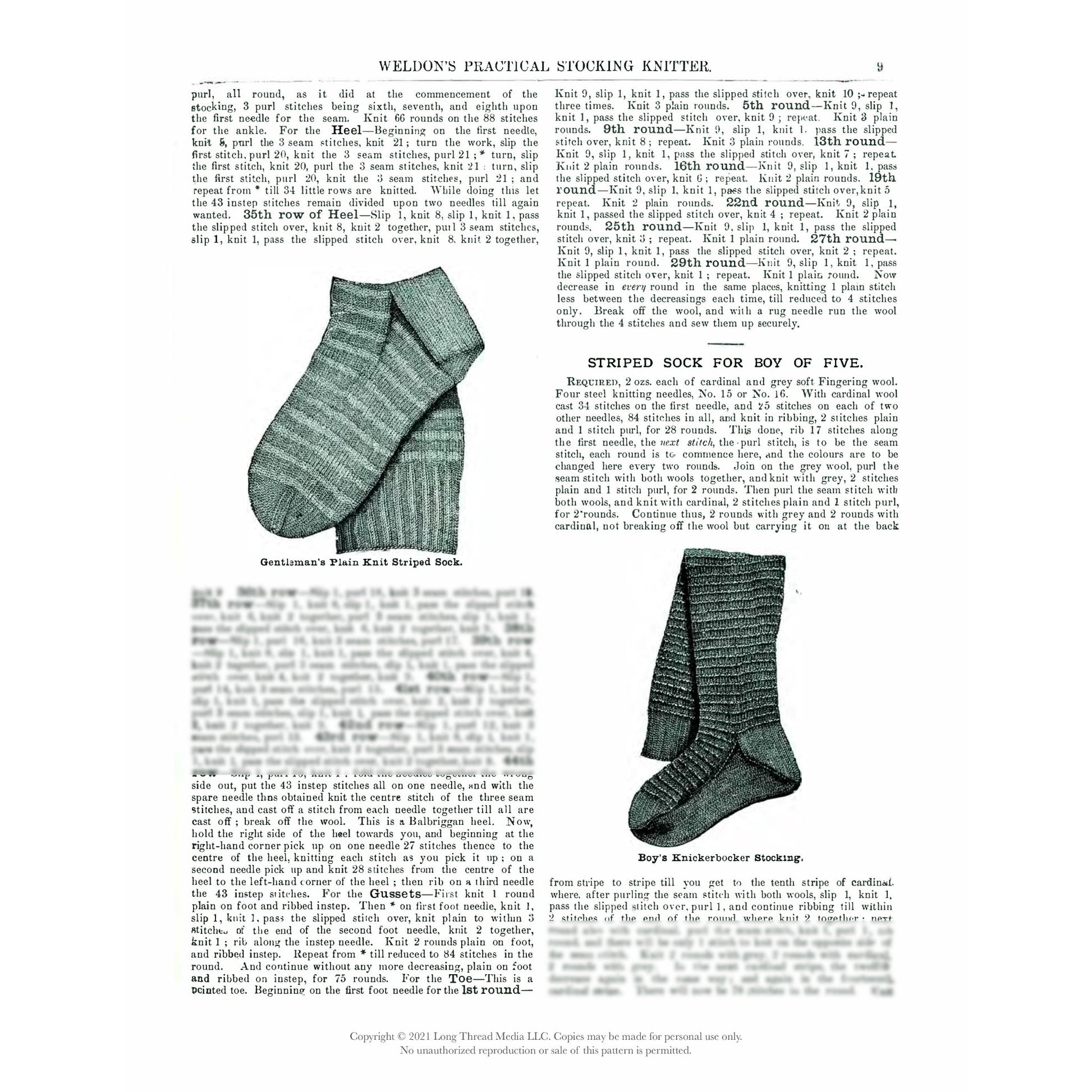 A page from a vintage catalog featuring knitting patterns for socks. It includes instructions and images of the "Gentleman's Plain Knit Striped Sock" on the left and the "Boy's Knickerbocker Stocking" on the right, both from "Weldon's Practical Stocking Knitter Fifth & Sixth Series – eBook printed copy" by Long Thread Media. The page has text and detailed illustrations of the socks.