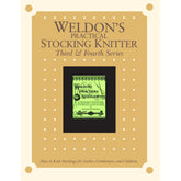 A vintage book cover titled "Weldon's Practical Stocking Knitter Fifth & Sixth Series – eBook printed copy" by Long Thread Media. The central image showcases a green cover for "Weldon's Practical Needlework." The background is beige with a polka dot pattern. Text at the bottom reads: "How to Knit Stockings for Ladies, Gentleman, and Children.