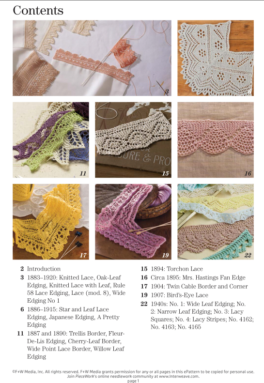 Explore "A Lace Revival: 25 Vintage Edgings to Knit" by Long Thread Media, featuring a collage of patterns such as knitted lace, oak-leaf edging, star and leaf lace, and torchon lace, each with vintage pattern numbers and years.