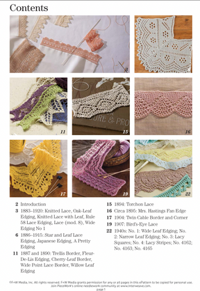 Explore "A Lace Revival: 25 Vintage Edgings to Knit" by Long Thread Media, featuring a collage of patterns such as knitted lace, oak-leaf edging, star and leaf lace, and torchon lace, each with vintage pattern numbers and years.