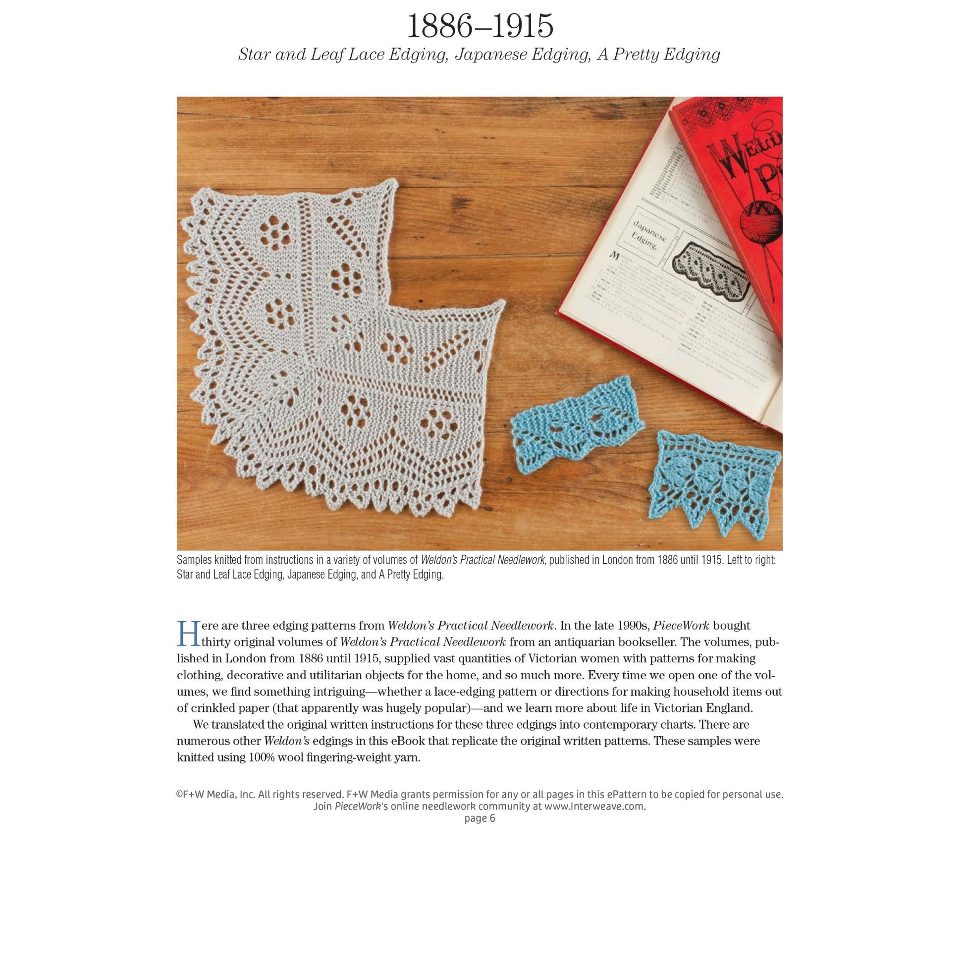 A printed copy of the eBook "A Lace Revival: 25 Vintage Edgings to Knit" by Long Thread Media lies open. Below the book are four lace samples: a large triangular piece, a square piece, and two smaller rectangular pieces, showcasing varied intricate designs.