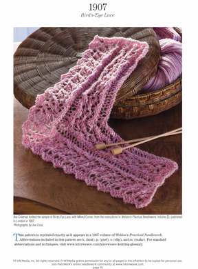 A close-up of a pink lace swatch on knitting needles, with balls of yarn in a basket, showcases the "1907 Bird’s-Eye Lace" pattern from Weldon’s Practical Needlework, Volume 22. Discover this vintage charm in A Lace Revival: 25 Vintage Edgings to Knit by Long Thread Media.