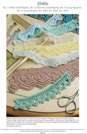 The eBook "A Lace Revival: 25 Vintage Edgings to Knit," from Long Thread Media, showcases vibrant 1940s crochet patterns like green wide leaf edging, yellow narrow leaf edging, pink lacy squares, and blue lacy stripes. Scissors and a crochet hook evoke memories of Weldon’s Practical Needlework projects.