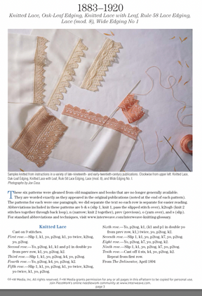 The eBook "A Lace Revival: 25 Vintage Edgings to Knit" by Long Thread Media showcases vintage-style lace patterns from 1883-1920, featuring diverse styles and colors. It includes detailed knitting instructions, abbreviations, and historical insights inspired by Weldon’s Practical Needlework.