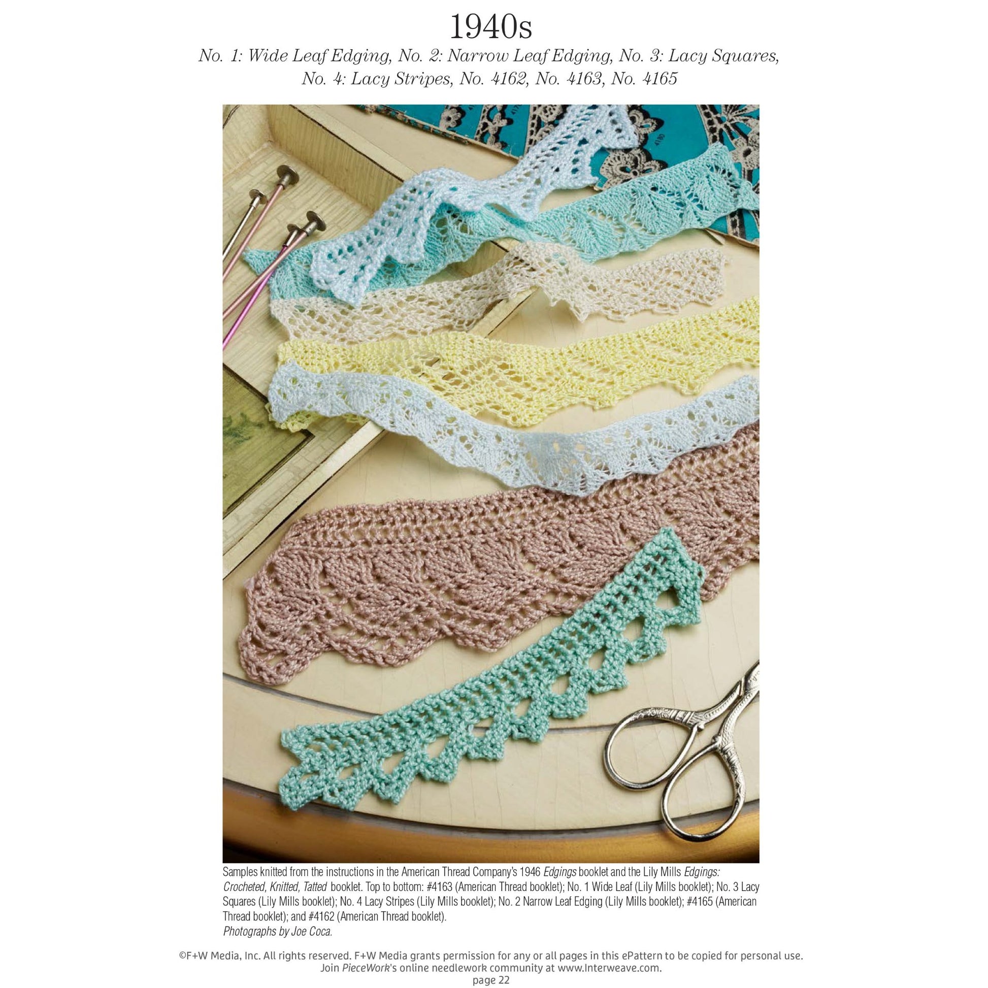 A page from the "A Lace Revival: 25 Vintage Edgings to Knit – eBook printed copy" by Long Thread Media features various crochet lace patterns from the 1940s, including wide leaf edging (blue), narrow leaf edging (yellow), lacy squares (white), lacy stripes (pink), and an intricate pattern (teal). Crocheting tools and materials are visible beside the samples.