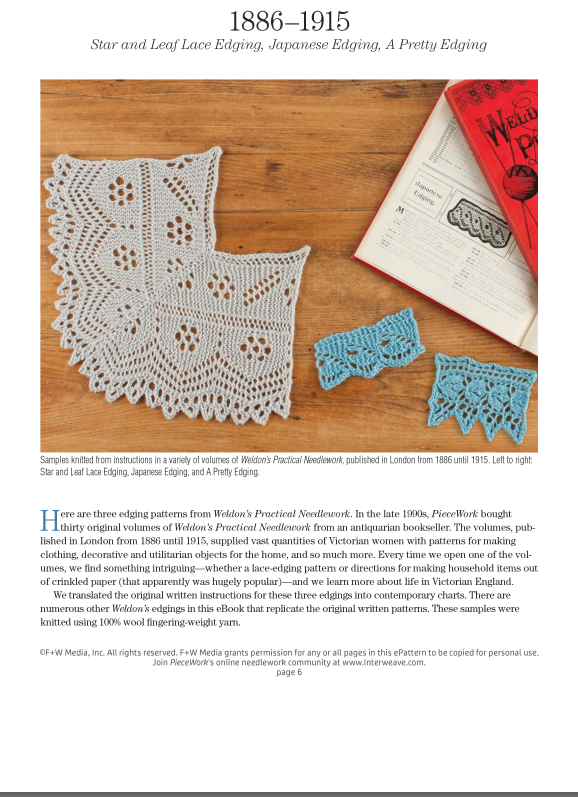 A Lace Revival: 25 Vintage Edgings to Knit eBook by Long Thread Media offers vintage crochet and knitting patterns highlighting star, leaf lace, and Japanese edgings from Weldon's Practical Needlework, showcasing historical designs from 1886 to 1915 with three lace samples.