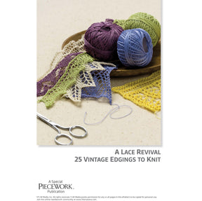 A crochet display featuring green, purple, and blue balls of yarn, along with completed lace edging samples in various colors. Silver scissors and a sewing needle threaded are also shown. The text reads, "A Lace Revival: 25 Vintage Edgings to Knit – eBook printed copy" by Long Thread Media.