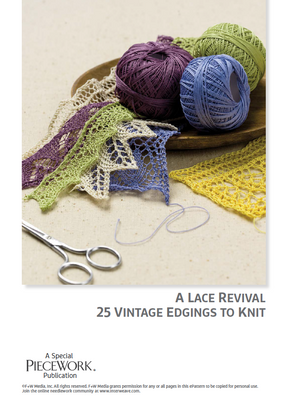 Colorful yarn balls and lace patterns on a table, with scissors, reminiscent of Weldon’s Practical Needlework. Intricate vintage designs in purple, green, blue, yellow hues. Text reads: "A Lace Revival: 25 Vintage Edings to Knit eBook (Printed Version)" by Long Thread Media.