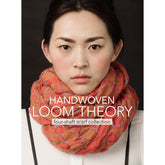 A woman with dark hair tied back gazes forward against a black background. She wears a thick, handwoven, orange scarf with blue accents wrapped around her neck. Overlay text reads, "Long Thread Media: Handwoven Loom Theory: Four Shaft Scarf Collection - eBook Printed Copy.