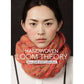 A woman with dark hair tied back gazes forward against a black background. She wears a thick, handwoven, orange scarf with blue accents wrapped around her neck. Overlay text reads, "Long Thread Media: Handwoven Loom Theory: Four Shaft Scarf Collection - eBook Printed Copy.