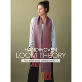 A person stands against a plain background wearing a light grey long-sleeve shirt and a woven pinkish-red scarf with fringe. The text on the image reads "Long Thread Media: Handwoven Loom Theory: Four-Shaft Scarf Collection 2019 Silken Splendor - eBook Printed Copy.