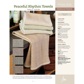 A weaving project page titled "Peaceful Rhythm Towels" by Sarah H. Jackson is featured in the *Handwoven Presents: Spring Weaving Pattern Pack - eBook Printed Copy* by Long Thread Media. It includes an image of woven towels in neutral tones and step-by-step instructions on how to weave them, with swatches of different weaving patterns displayed on the left side.