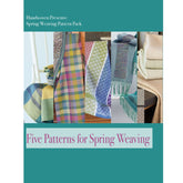 A promotional image for the **Handwoven Presents: Spring Weaving Pattern Pack - eBook Printed Copy** by **Long Thread Media**, showcasing five distinct woven fabric samples in a variety of colors and patterns. The title reads "Handwoven Presents: Spring Weaving Pattern Pack." The subtitle says, "Five Patterns for Spring Weaving.