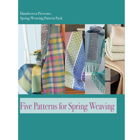 A promotional image for the **Handwoven Presents: Spring Weaving Pattern Pack - eBook Printed Copy** by **Long Thread Media**, showcasing five distinct woven fabric samples in a variety of colors and patterns. The title reads "Handwoven Presents: Spring Weaving Pattern Pack." The subtitle says, "Five Patterns for Spring Weaving.