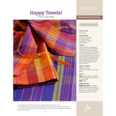 An image showcasing a weaving project titled "Happy Towels!" by Tracy Kaestner is featured in the "Handwoven Presents: Summer Weaving Pattern Pack - eBook Printed Copy" by Long Thread Media. The project sheet includes an image of vibrant handwoven towels in purple, orange, and green, along with detailed specifications for materials and dimensions.