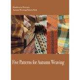 An image depicting the cover for "Handwoven Presents: Autumn Weaving Pattern Pack - eBook Printed Copy" by Long Thread Media. The cover showcases a brown background adorned with images of five distinct weaving patterns in autumn colors, arranged in vertical strips.