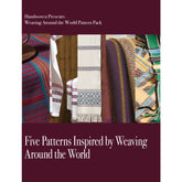 The image is a promotional poster titled "Handwoven Presents: Weaving Around the World Pattern Pack - eBook Printed Copy" by Long Thread Media. It showcases an array of vibrant woven patterns and textiles, with text emphasizing "Five Patterns Inspired by Weaving Around the World.