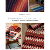 A collage from Long Thread Media's "Handwoven Presents: Boundweave Projects, Weft-Faced Weaving For Beautiful Rugs, Handwoven eBook Printed" showcases various boundweave projects. It includes images of intricately designed, colorful woven rugs and placemats, highlighting the patterns and textures of weft-faced weaving. The title reads, "Boundweave Projects: Weft-Faced Weaving for Beautiful Rugs.