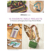 Cover of "Handwoven Presents: 10 Favorite Inkle Projects: A Treasury of Designs - eBook Printed Copy" by Long Thread Media. Features images of woven items such as a camera strap, phone case, sandals with straps, and a small bag. Text reads "A Treasury of Designs from Long Thread Media.