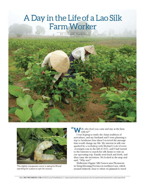 A magazine page titled "A Day in the Life of a Lao Silk Farm Worker" showcases a photo of an individual donning a hat and laboring in a verdant silk farm field. The accompanying text provides insights into the traditional practices and intricate process of silk farming in Laos. This beautiful snapshot is featured alongside information about Long Thread Media's product, *Sensational Silk: Weave, Knit, Crochet, and Embroider with One of Nature’s Luxuries - eBook Printed Copy*.