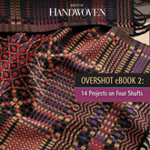 The cover showcases a vibrant woven fabric adorned with intricate patterns in red, purple, gold, and black. The text reads "BEST OF HANDWOVEN," accompanied by a label that announces "Best of Handwoven, Overshot eBook 2: 14 Projects On Four Shafts" from Long Thread Media, highlighting the allure of complex weave structures.