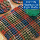 A woven placemat featuring a multicolored plaid pattern in shades of red, blue, and green is showcased on a wooden surface. Several glassware items can be partially seen in the background, while a caption reading "Long Thread Media: Best of Handwoven - Top Ten Placemats on Eight Shafts (Printed Version)" is overlayed.