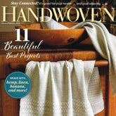 The cover of the "Handwoven Magazine Jan/Feb 2024" by Long Thread Media features a wooden bowl filled with intricately woven fabric. Two pieces of light-colored, patterned fabric drape over the edge of the bowl. The headline reads: "11 Beautiful Weaving Projects," perfect for bespoke wedding towels and other bast projects.