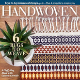 Cover of the Summer 2024 issue of Handwoven Magazine from Long Thread Media. Showcases a woven rug with vibrant, colorful patterns alongside a succulent plant, highlighting articles such as "6 Rugs to Weave" and "Keys to Asymmetrical Design, p. 48." The featured rug displays clasped warp techniques with fringes on the top edge.