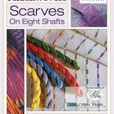 A magazine cover titled "Best of Handwoven, Scarves on Eight Shafts eBook" features bright yarns woven in diagonal patterns. The label "Long Thread Media" is prominently displayed, emphasizing remarkable weaving projects. The bottom text reads "A Baker's Dozen.