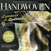 Cover of the Handwoven Sept/Oct 2023 issue by Long Thread Media showcases a folded, colorful woven fabric with iridescent textures and patterns. The cover highlights "Luminous & Lustrous: 9 Radiant Projects" along with other features inside the issue, such as the magic of rayon chenille.