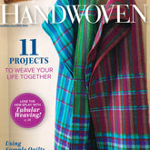 Cover of **Handwoven Magazine Nov/Dec 2023** by Long Thread Media. Features a woven fabric with blue, purple, and green checks. The text highlights 11 weaving projects, pattern inspiration to avoid hem splay with tubular weaving, and using sample quilts, along with an article on page 26.