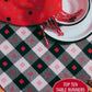 A table is set with a handwoven black and white checkered table runner adorned with red square patterns. Over stacked white plates with black rims, red fabric featuring white and black designs is draped. A red badge reads "Best of Handwoven, Top Ten Table Runners on 8-Shafts (Printed Version)" by Long Thread Media.