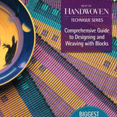 A vibrant woven textile in block weave style, showcasing a mixture of blue, green, yellow, and purple geometric patterns, is partially adorned by a decorative ceramic plate featuring a black bird design. The text reads: "Best of Handwoven Technique Series: Comprehensive Guide to Designing and Weaving with Blocks eBook (Printed version)" by Long Thread Media.