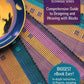 A vibrant woven fabric background featuring vertical stripes in shades of blue, yellow, and purple. On the left, a bowl with abstract designs is partially visible. The text on the image mentions "Best of Handwoven Technique Series" along with information about a comprehensive guide in designing and weaving with blocks by Long Thread Media, available in printed version.