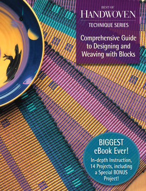 A vibrant woven fabric background featuring vertical stripes in shades of blue, yellow, and purple. On the left, a bowl with abstract designs is partially visible. The text on the image mentions "Best of Handwoven Technique Series" along with information about a comprehensive guide in designing and weaving with blocks by Long Thread Media, available in printed version.